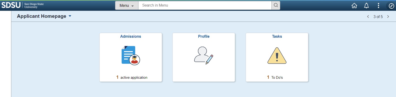 view of screen with Admissions, Profile, and Tasks tiles.
