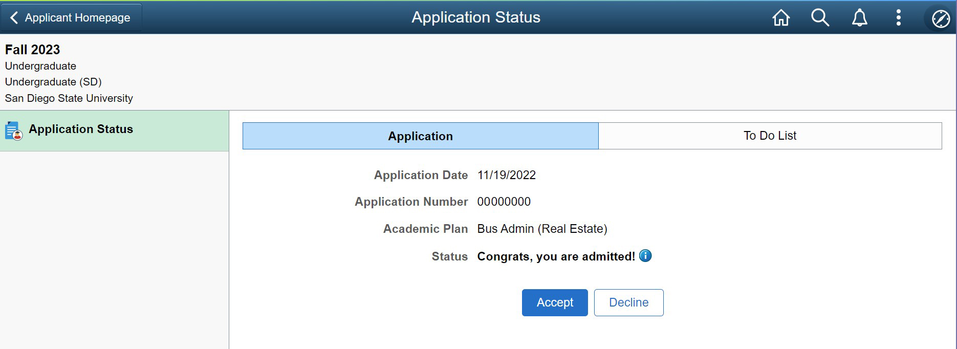 Screen showing admission status with Accept or Decline buttons.